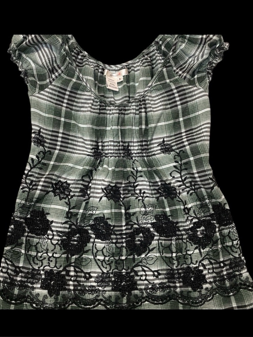 Studio M Green Plaid Dress with Black Floral embroidered